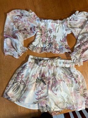 THE SANG Floral Chiffon 2-Piece Set: Smocked Crop Top & Shorts Size S